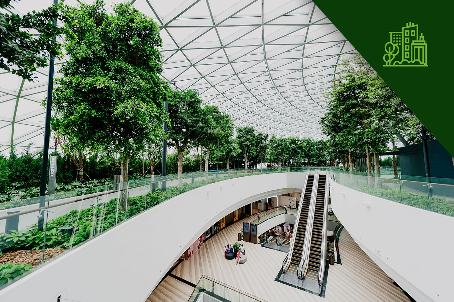 Ambiente interno com paisagismo corporativo sustentável em espaço empresarial moderno e verde.