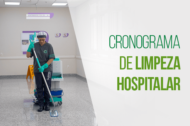 Cronograma de limpeza hospitalar com profissional limpando corredor de hospital