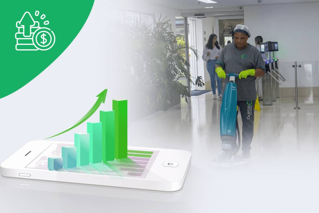 Funcionário de limpeza em empresa representando serviços terceirizados diversificados