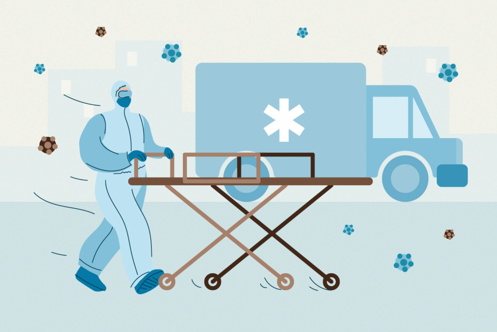 Contaminação cruzada hospitalar: principais causas operacionais 1 Ilustração de profissional com roupa de proteção empurrando maca hospitalar, com ambulância ao fundo e microrganismos no ambiente.